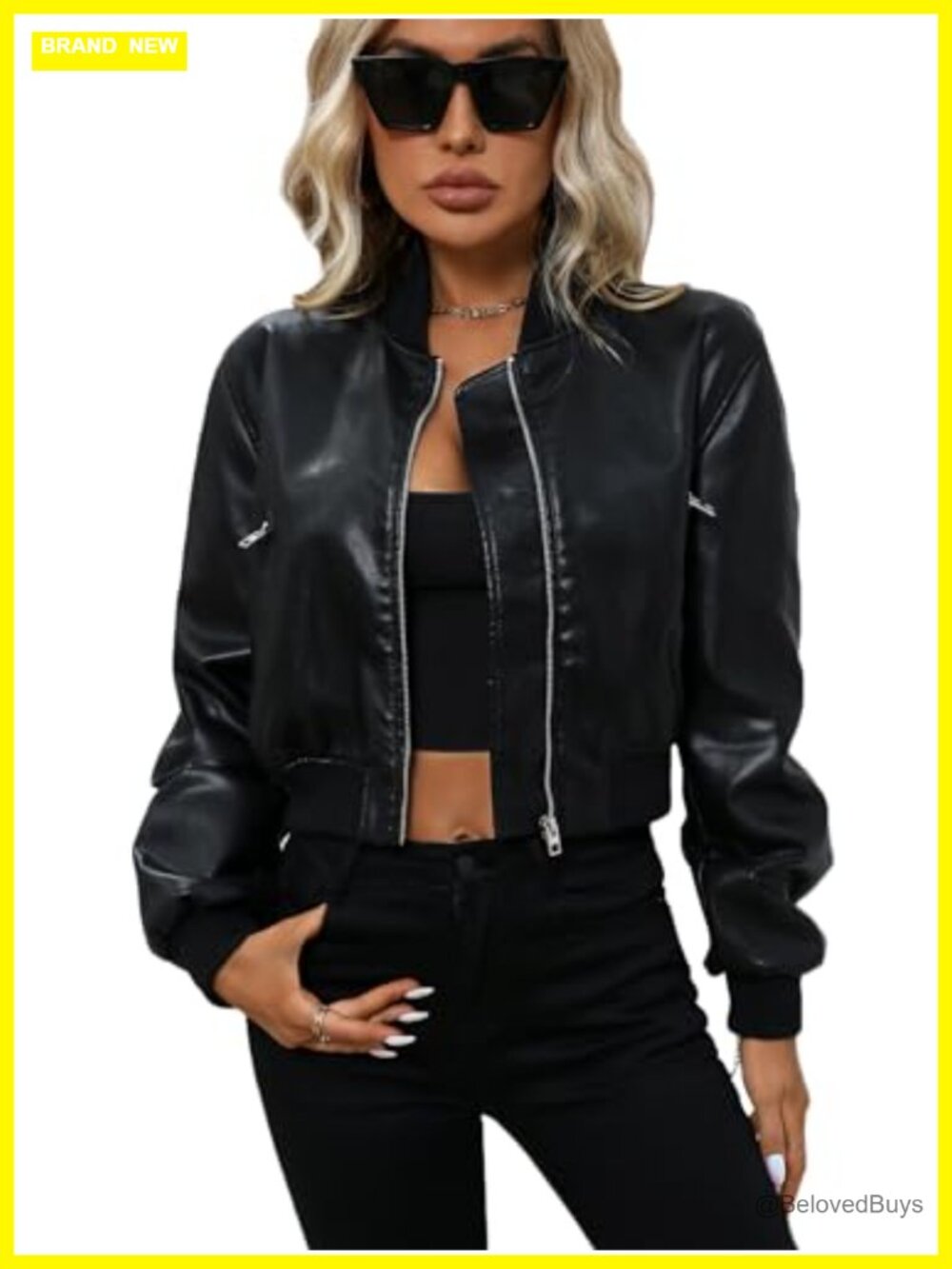 Faux Leather Bomber Jacket Women Zipper Front Lightweight Streetwear Coat